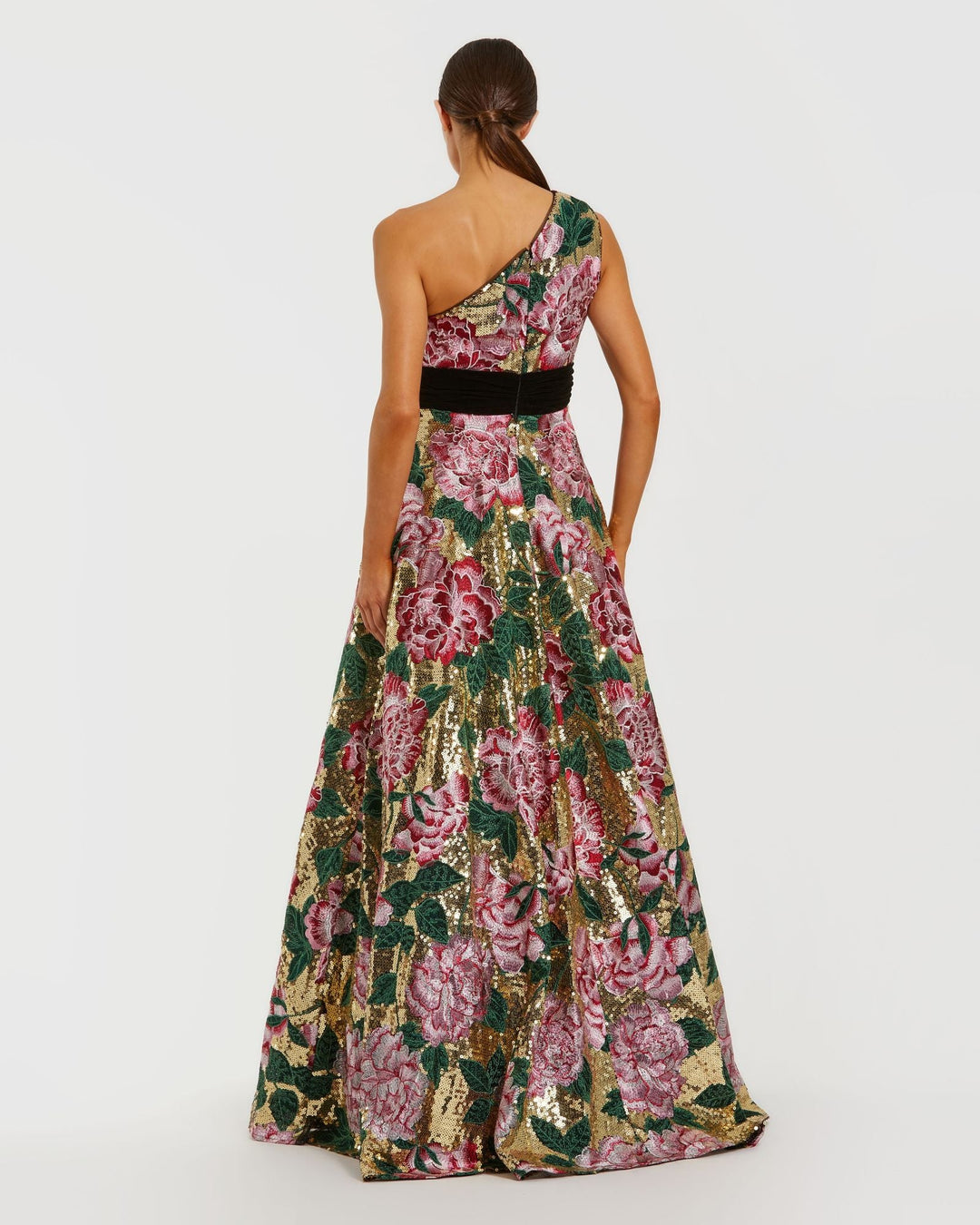 Mac Duggal 21194 Multicolor One Shoulder Sequin Ball Gown With Velvet Bow