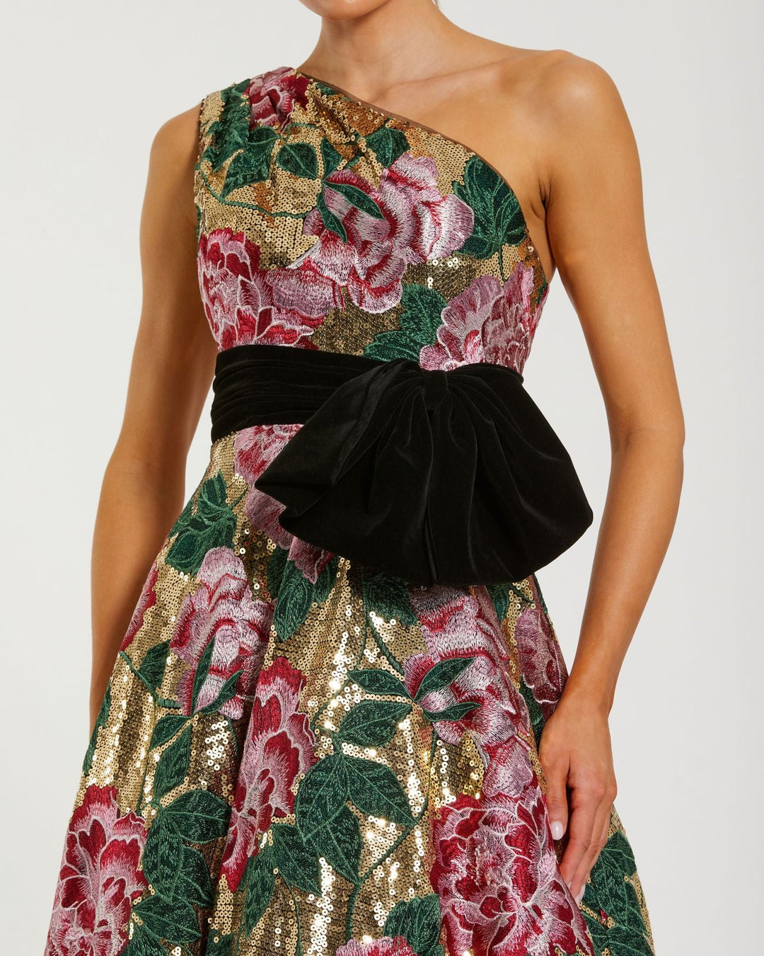 Mac Duggal 21194 Multicolor One Shoulder Sequin Ball Gown With Velvet Bow