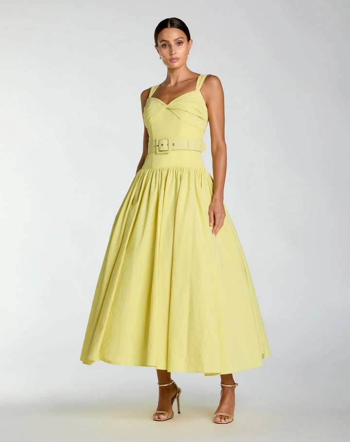 Yellow Sleeveless Faille A-Line Midi Dress With Belt - FOSTANI.com