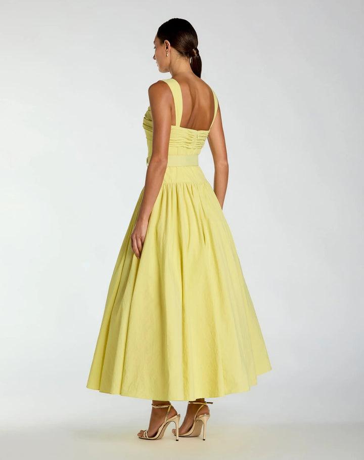 Yellow Sleeveless Faille A-Line Midi Dress With Belt - FOSTANI.com