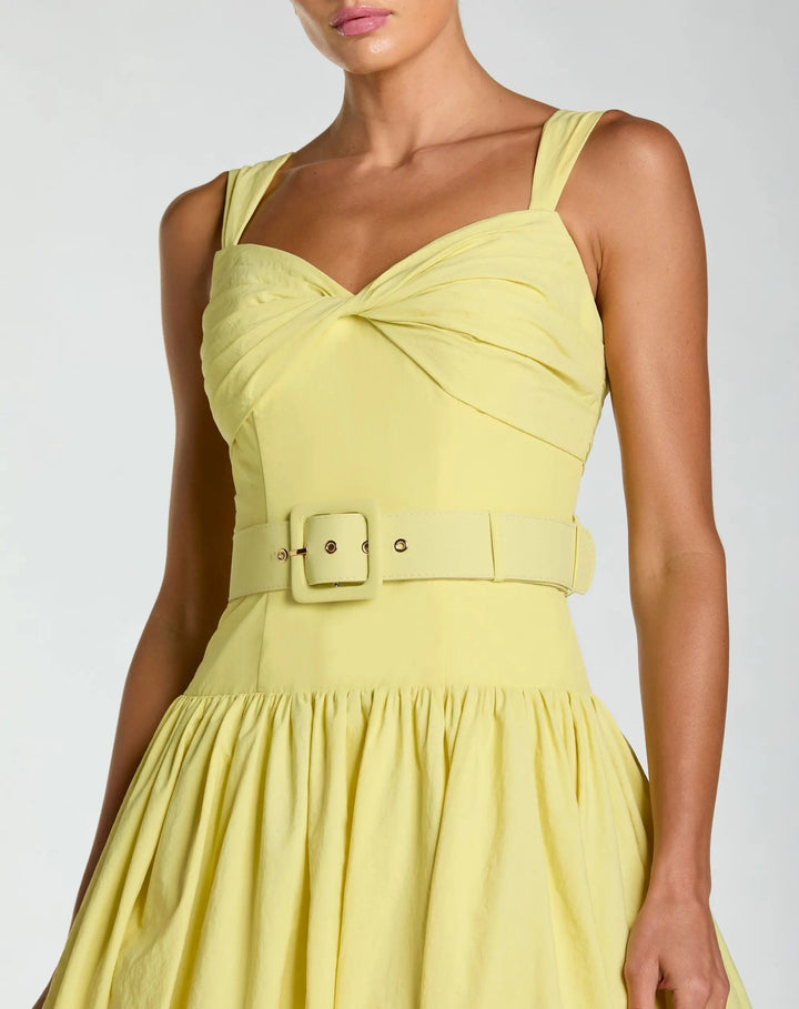 Yellow Sleeveless Faille A-Line Midi Dress With Belt - FOSTANI.com