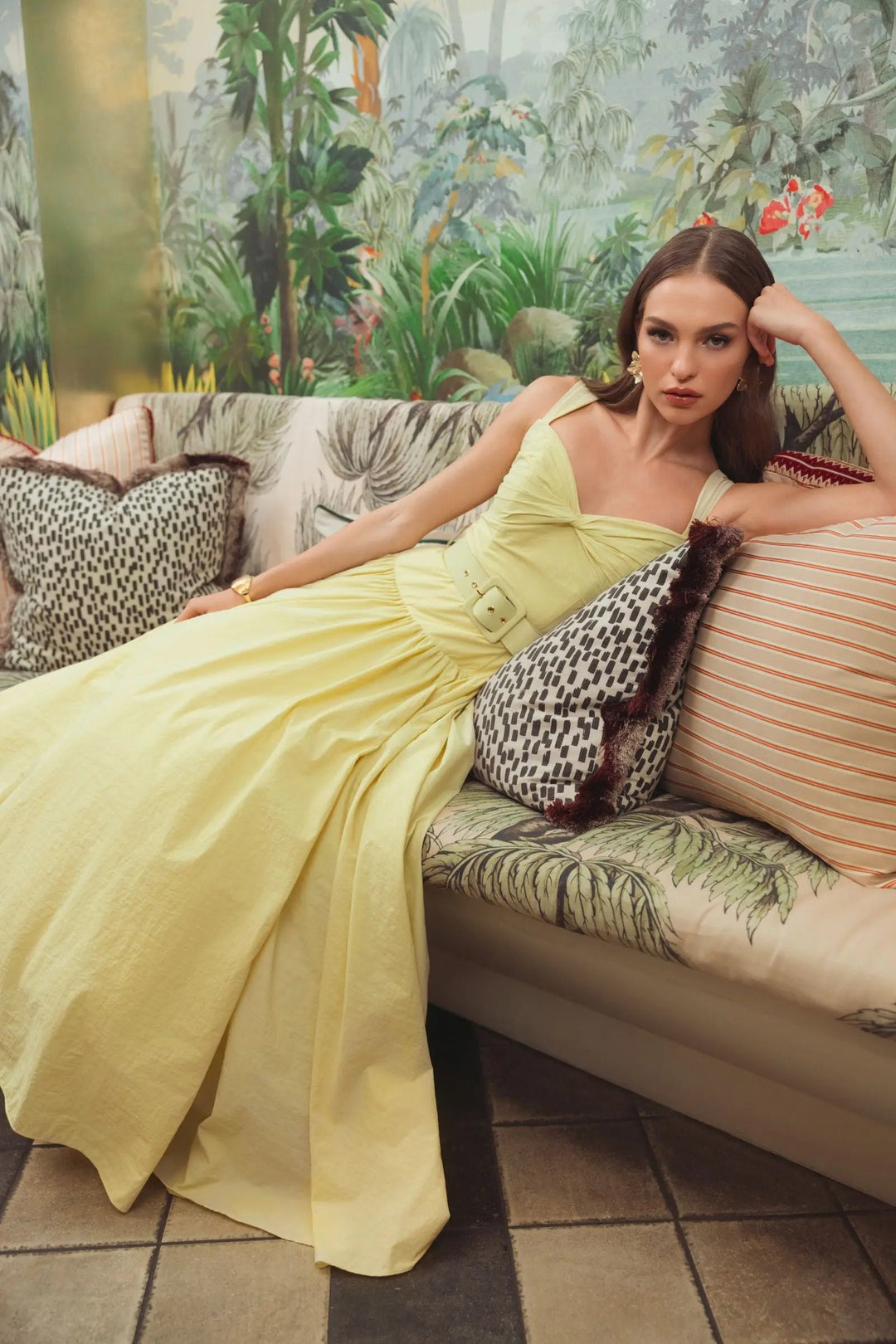 Yellow Sleeveless Faille A-Line Midi Dress With Belt - FOSTANI.com
