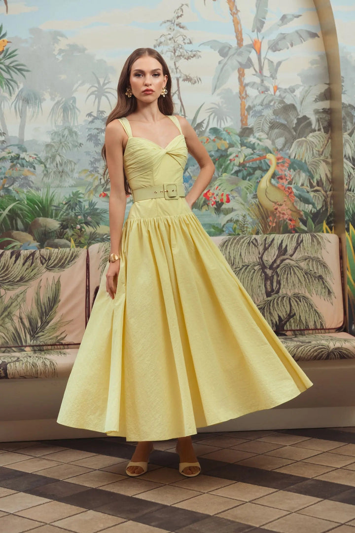 Yellow Sleeveless Faille A-Line Midi Dress With Belt - FOSTANI.com