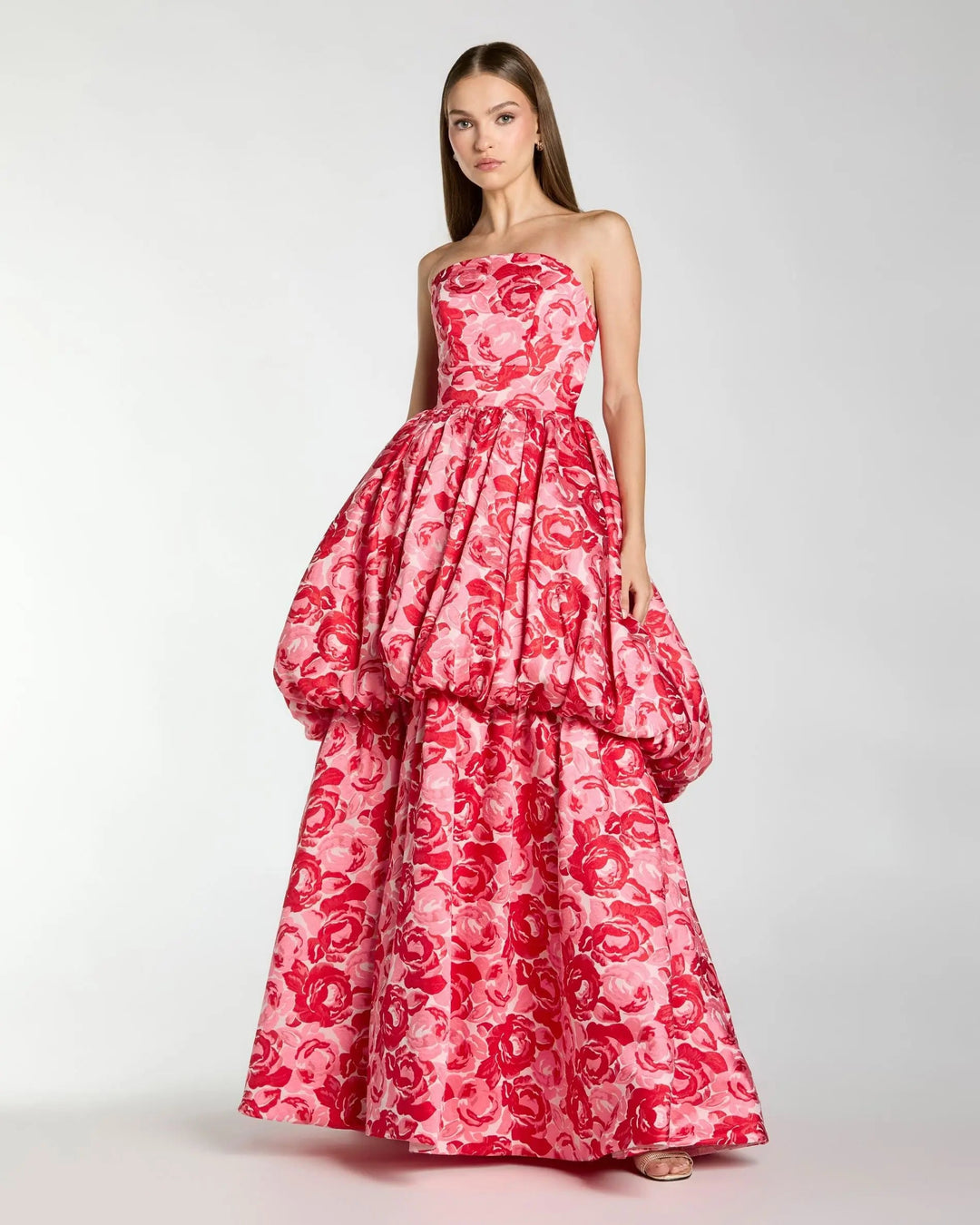 Pink Brocade Strapless Bubble Hem Ballgown - FOSTANI.com