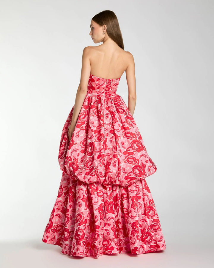 Pink Brocade Strapless Bubble Hem Ballgown - FOSTANI.com