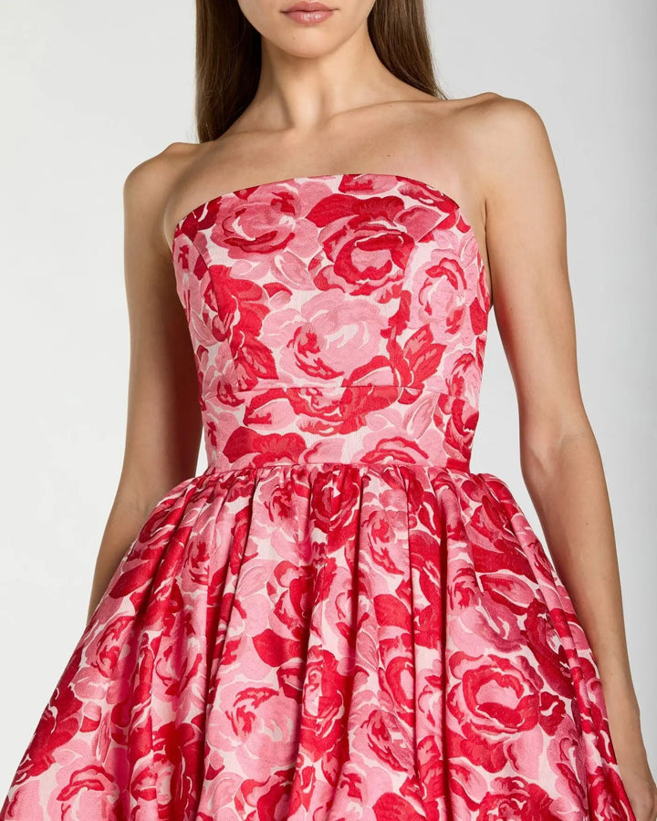 Pink Brocade Strapless Bubble Hem Ballgown - FOSTANI.com
