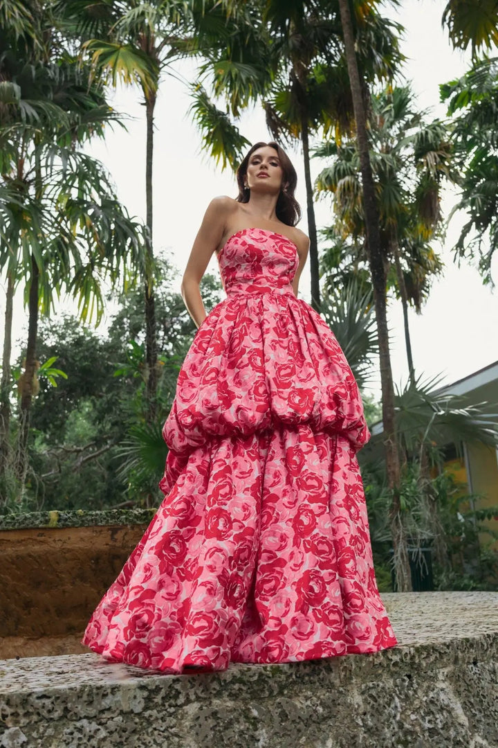 Pink Brocade Strapless Bubble Hem Ballgown - FOSTANI.com