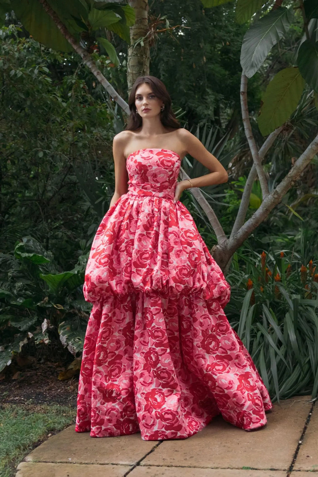 Pink Brocade Strapless Bubble Hem Ballgown - FOSTANI.com