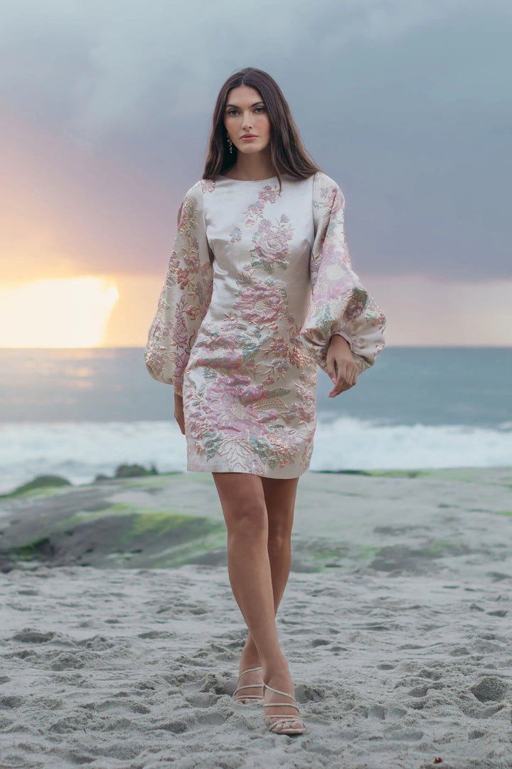 Mac Duggal 21256 Brocade High Neck Long Sleeve Mini Dress