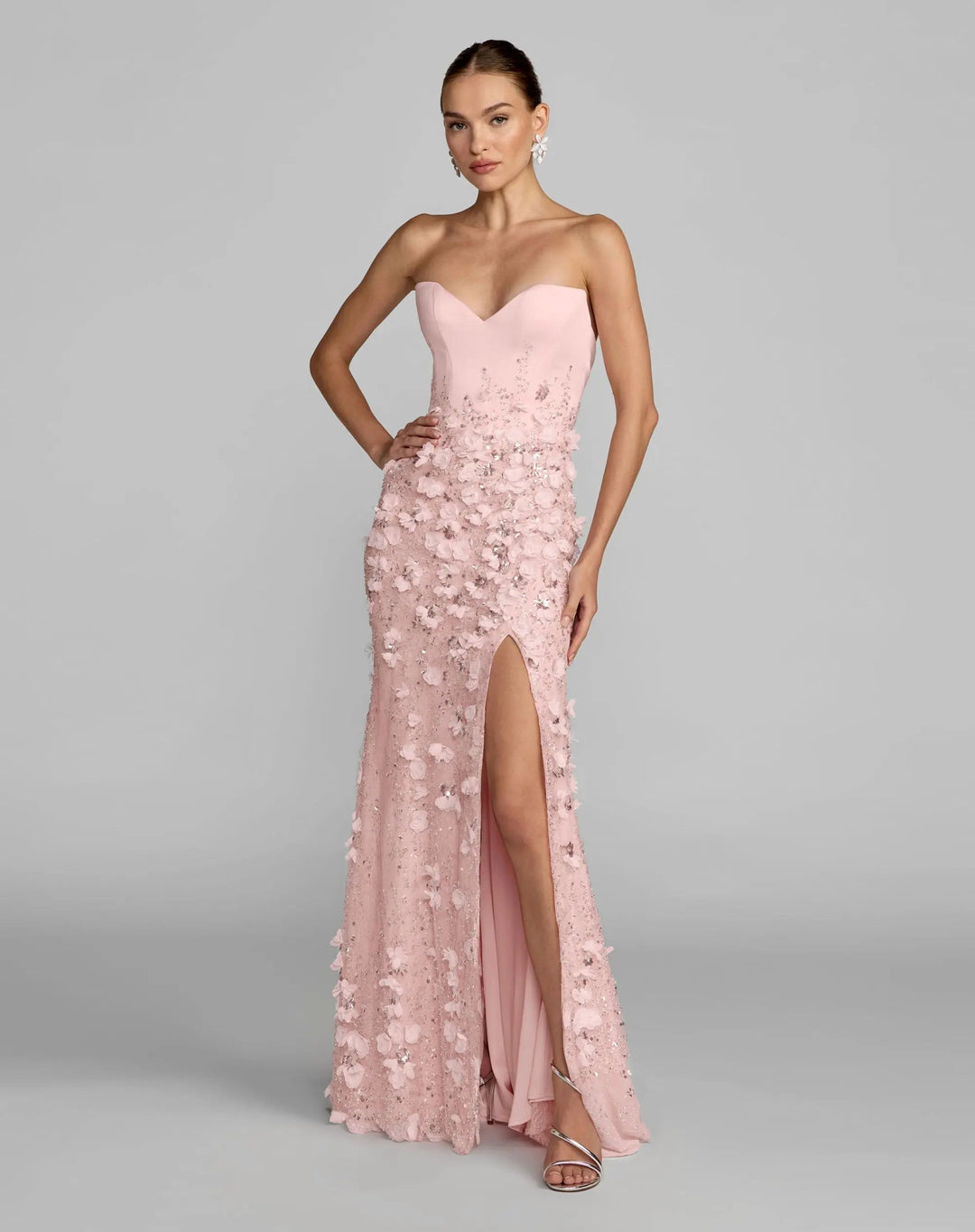 Pink Floral Satin Strapless Sweetheart Gown With Slit - FOSTANI.com