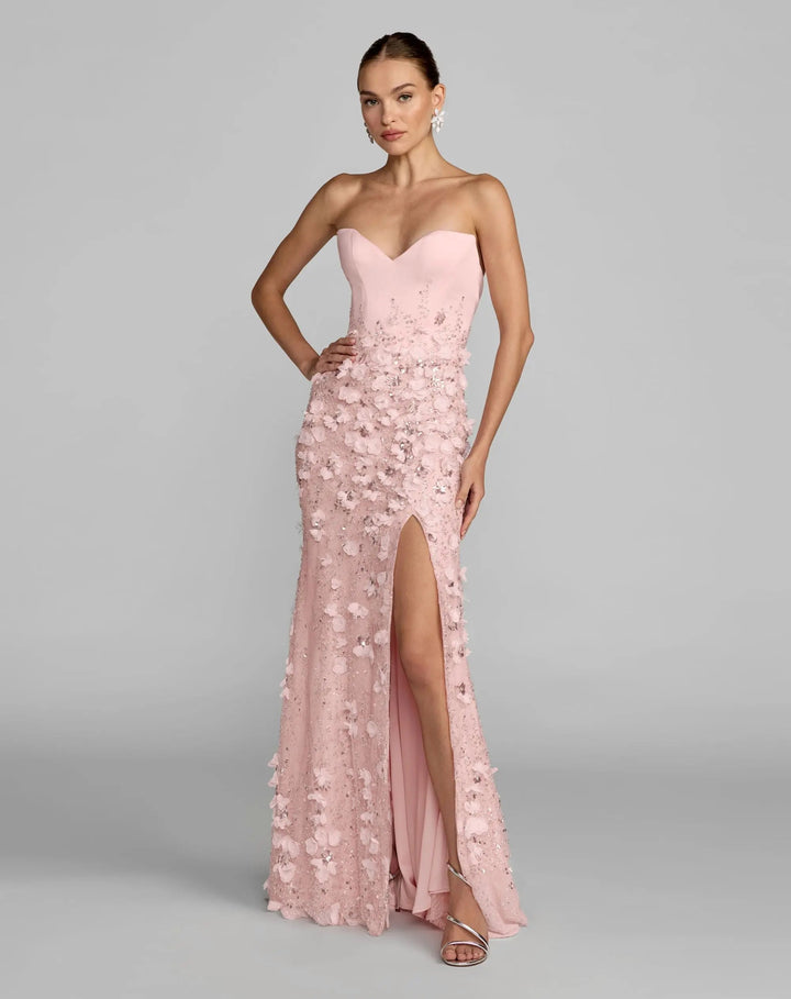 Pink Floral Satin Strapless Sweetheart Gown With Slit - FOSTANI.com
