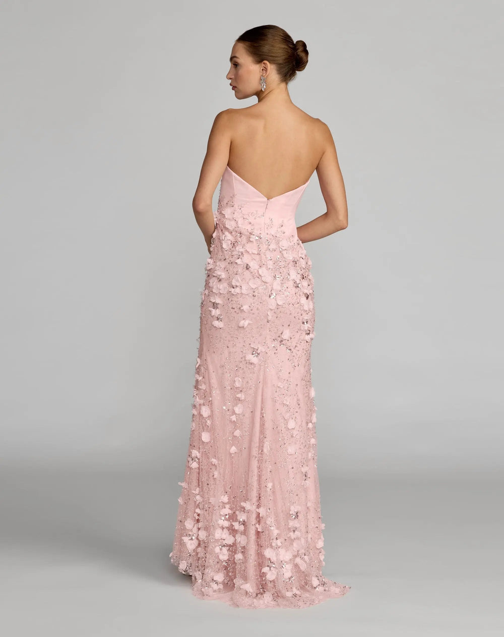 Pink Floral Satin Strapless Sweetheart Gown With Slit - FOSTANI.com