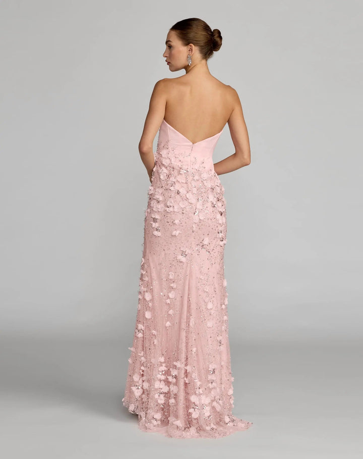 Pink Floral Satin Strapless Sweetheart Gown With Slit - FOSTANI.com