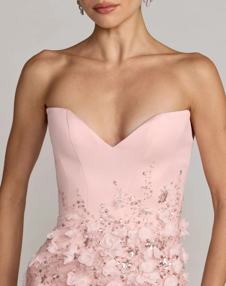 Pink Floral Satin Strapless Sweetheart Gown With Slit - FOSTANI.com