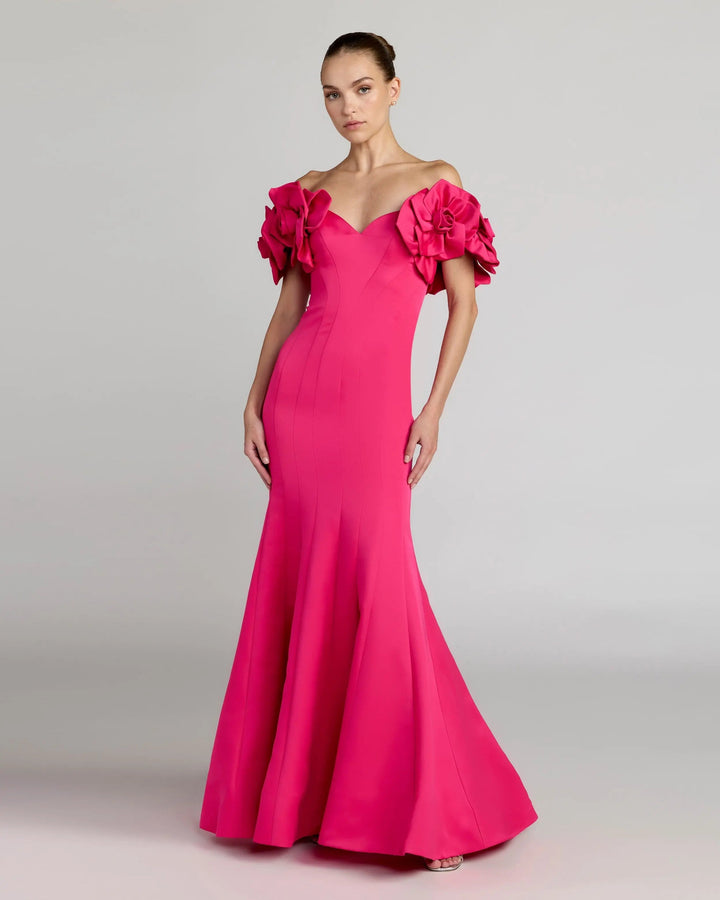 Pink Off The Shoulder Gown with 3D Floral Sleeves - FOSTANI.com