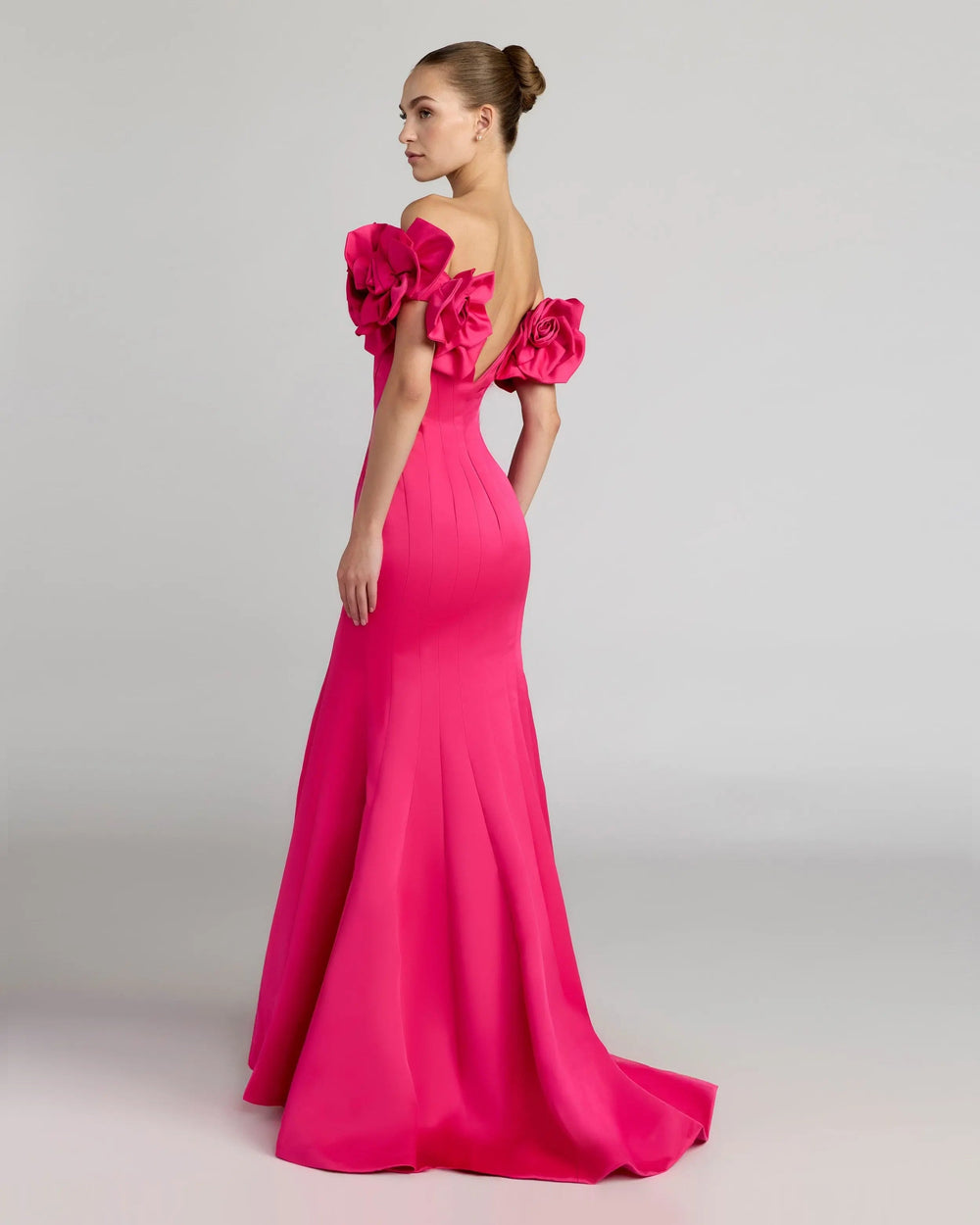 Pink Off The Shoulder Gown with 3D Floral Sleeves - FOSTANI.com