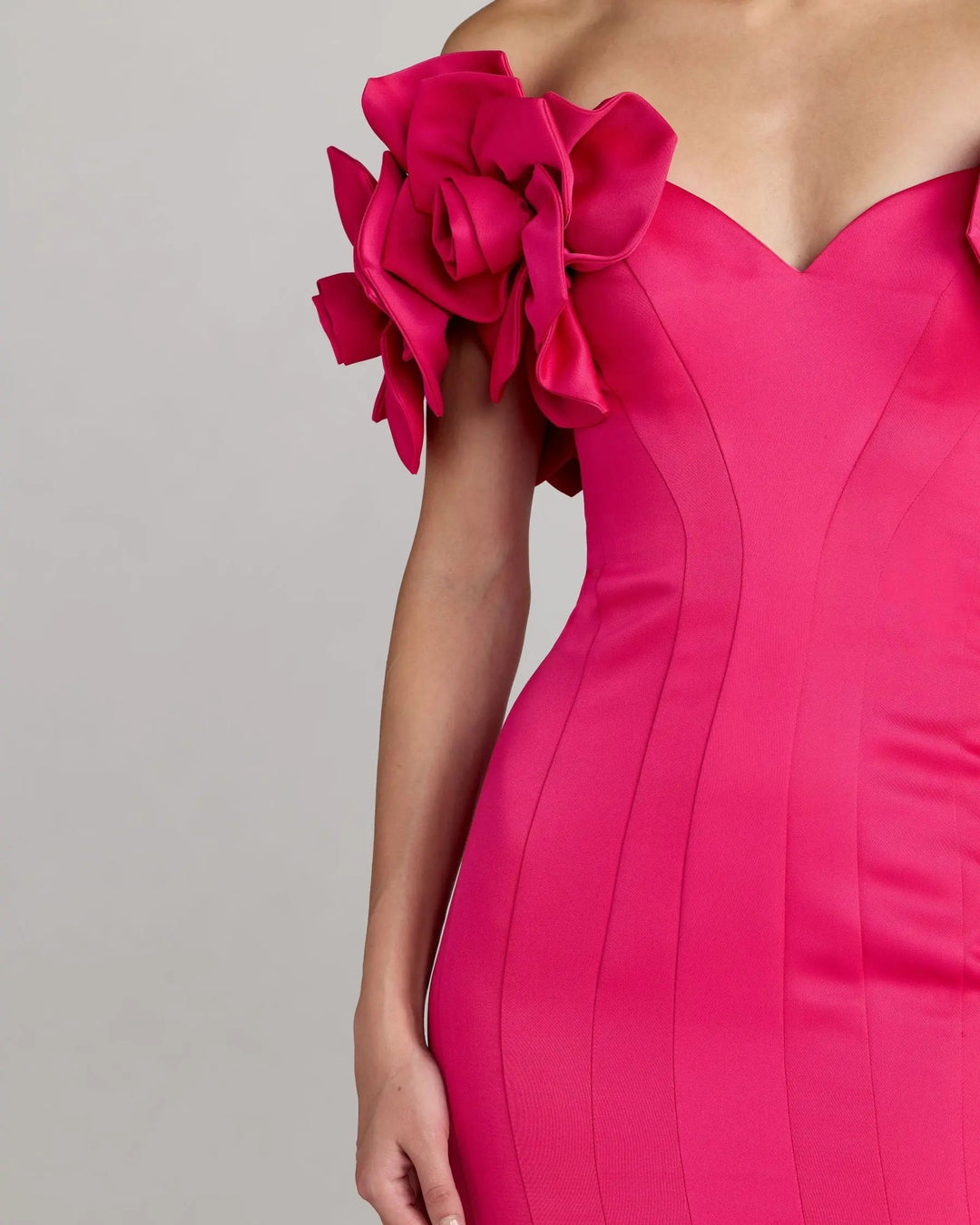 Pink Off The Shoulder Gown with 3D Floral Sleeves - FOSTANI.com
