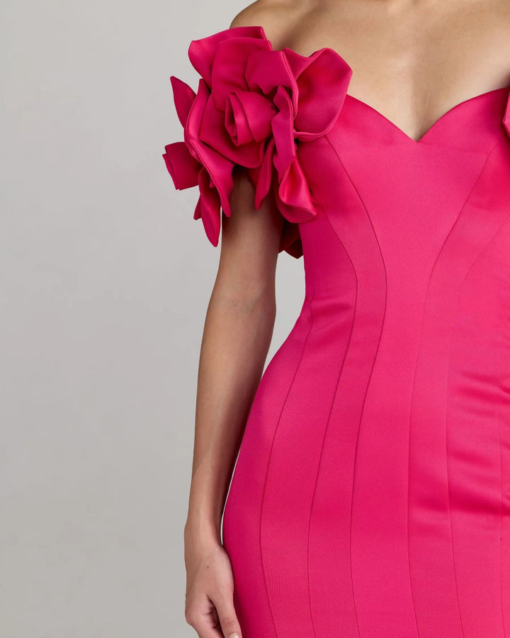 Pink Off The Shoulder Gown with 3D Floral Sleeves - FOSTANI.com