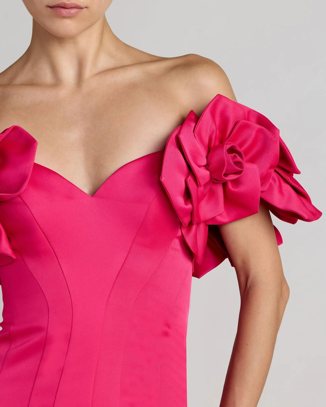 Pink Off The Shoulder Gown with 3D Floral Sleeves - FOSTANI.com