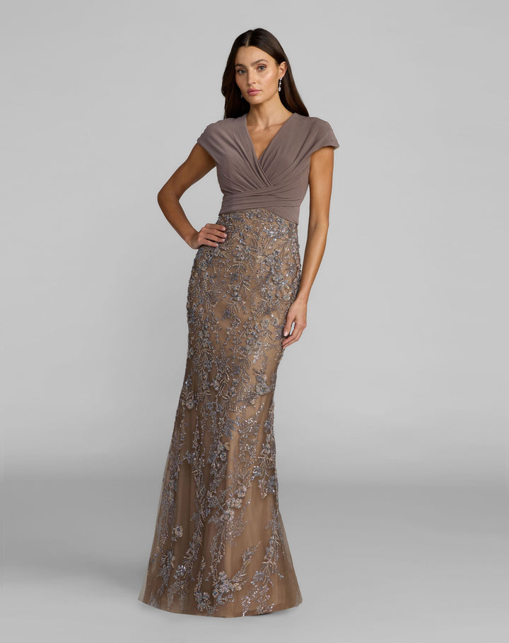 Mac Duggal 21291 Jersey Wrap Top Floral Sequin Gown