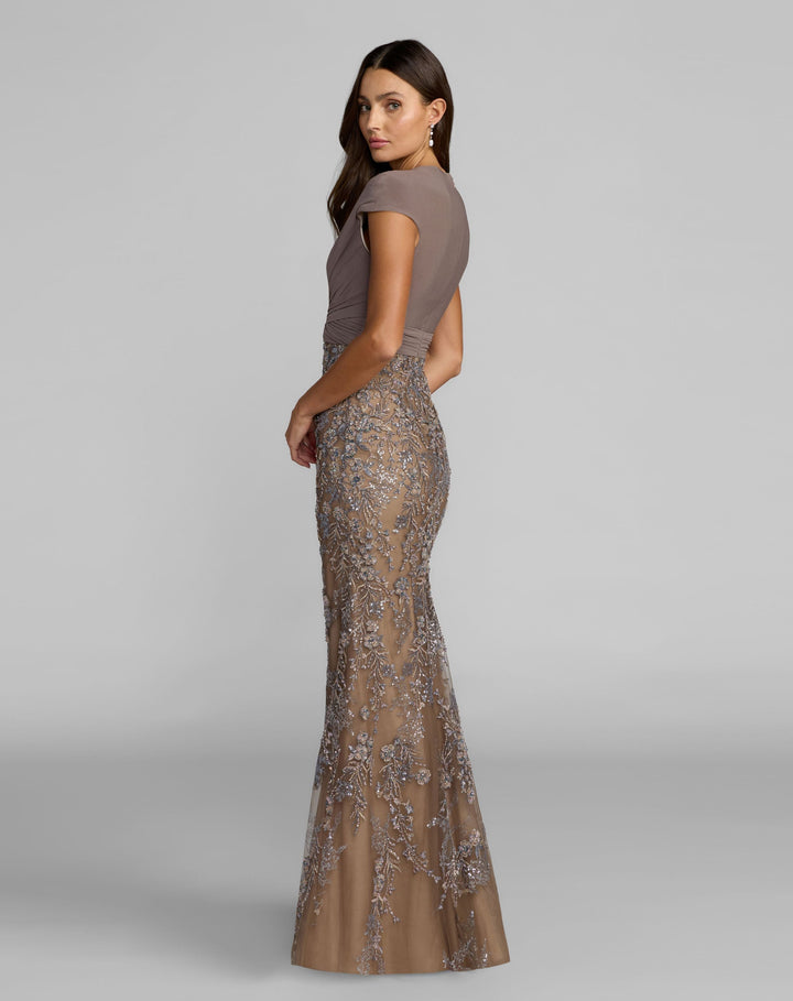 Mac Duggal 21291 Jersey Wrap Top Floral Sequin Gown