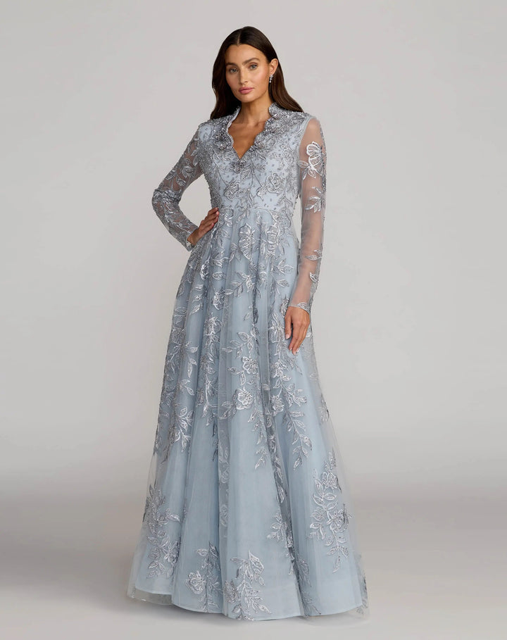 Mac Duggal 21307 Blue Embroidered V-Neck Long Sleeve Gown - FOSTANI.com
