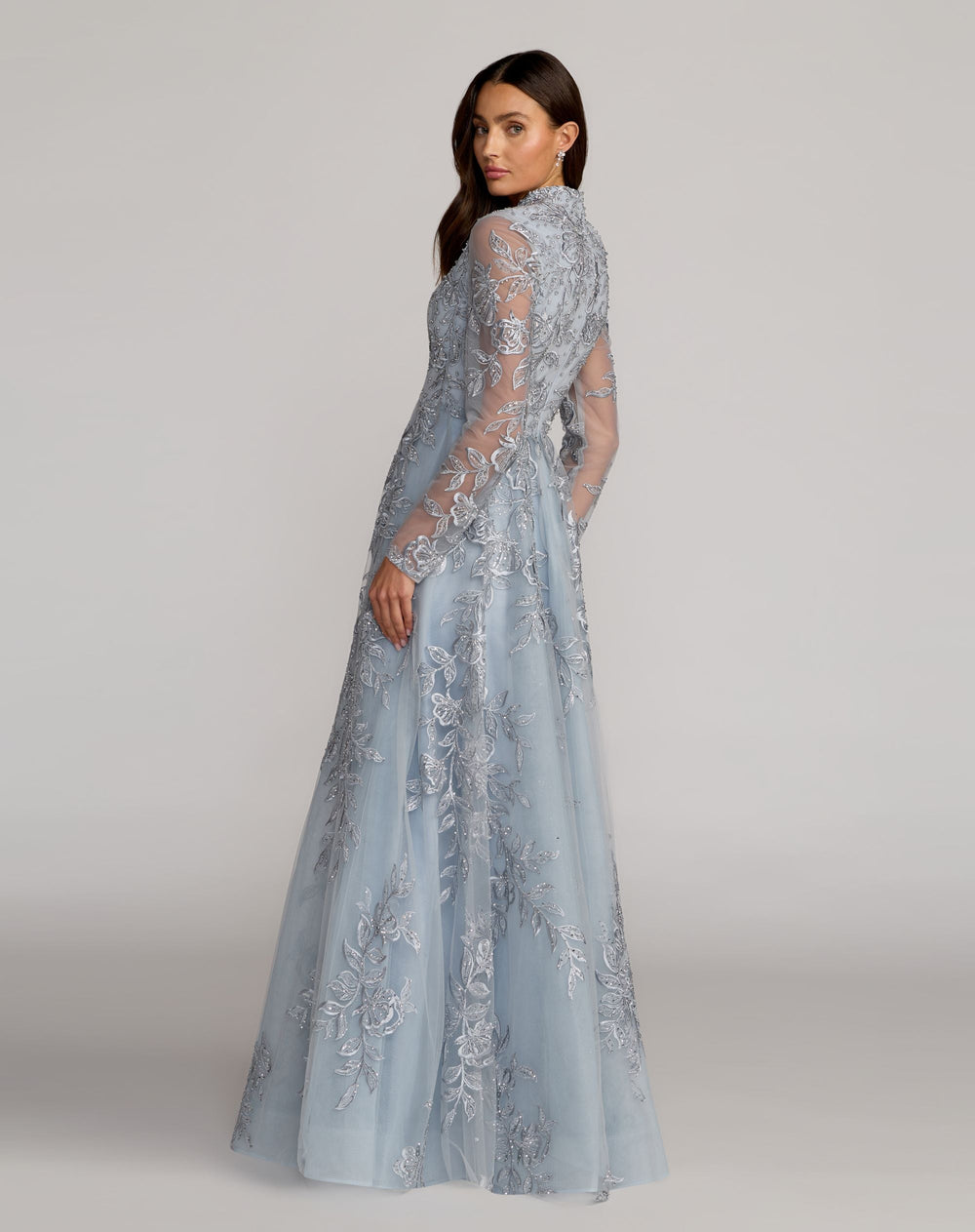 Mac Duggal 21307 Blue Embroidered V-Neck Long Sleeve Gown - FOSTANI.com