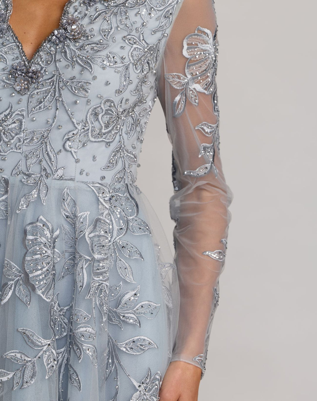 Mac Duggal 21307 Blue Embroidered V-Neck Long Sleeve Gown - FOSTANI.com