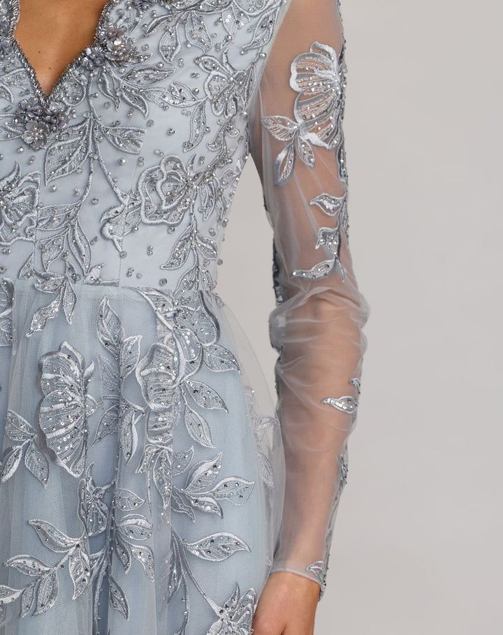 Mac Duggal 21307 Blue Embroidered V-Neck Long Sleeve Gown - FOSTANI.com
