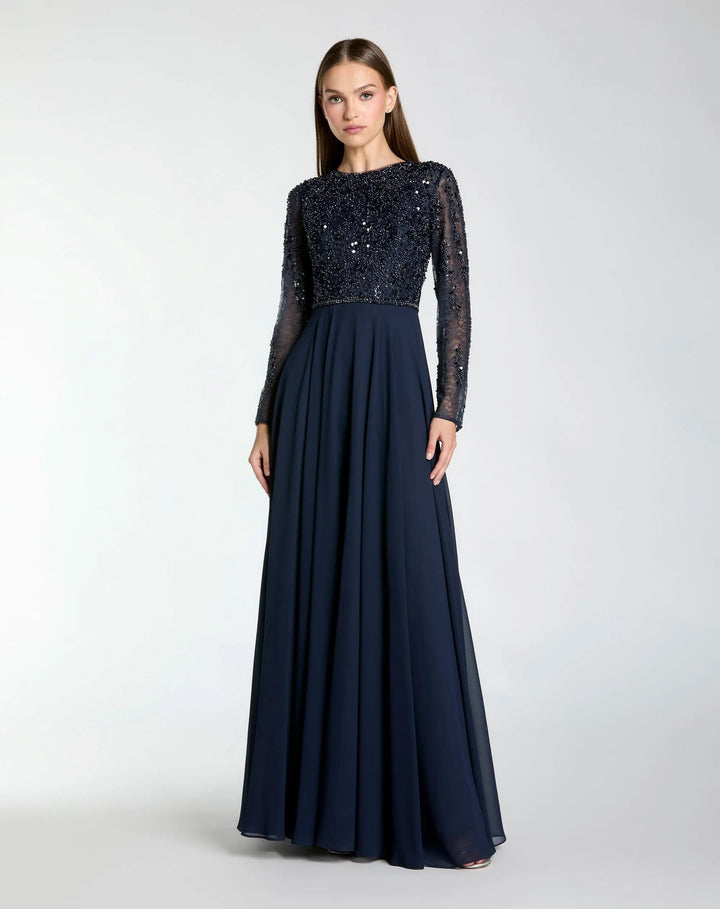 Mac Duggal 21316 Embellished Lace Long Sleeve Gown With Chiffon Skirt