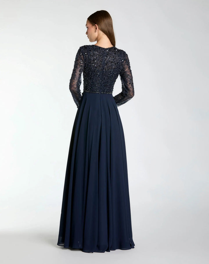 Mac Duggal 21316 Embellished Lace Long Sleeve Gown With Chiffon Skirt