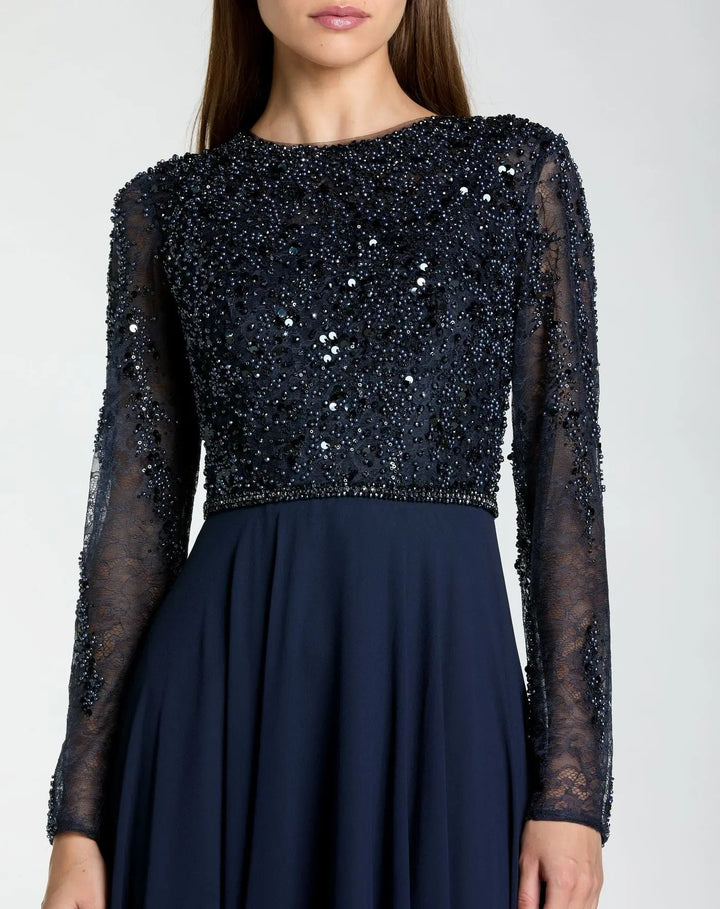 Mac Duggal 21316 Embellished Lace Long Sleeve Gown With Chiffon Skirt