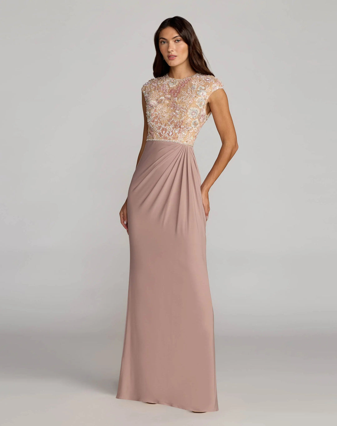 Mac Duggal 21324 Purple Floral Embroidered Cap Sleeve Column Gown - FOSTANI.com