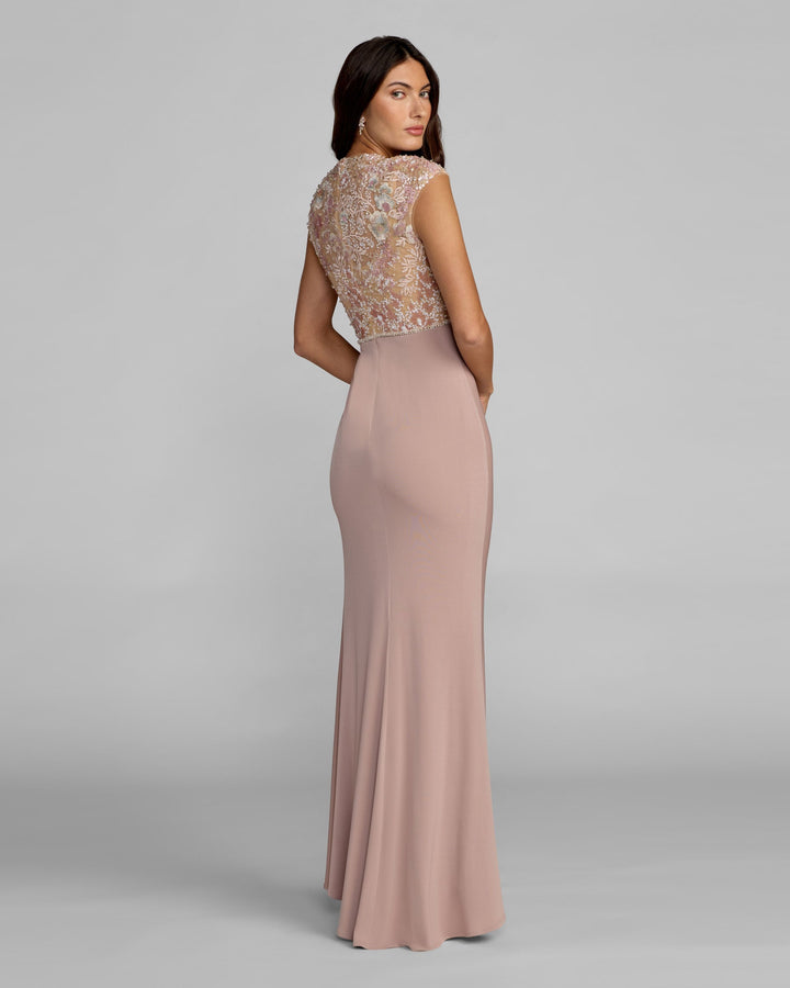 Mac Duggal 21324 Purple Floral Embroidered Cap Sleeve Column Gown - FOSTANI.com