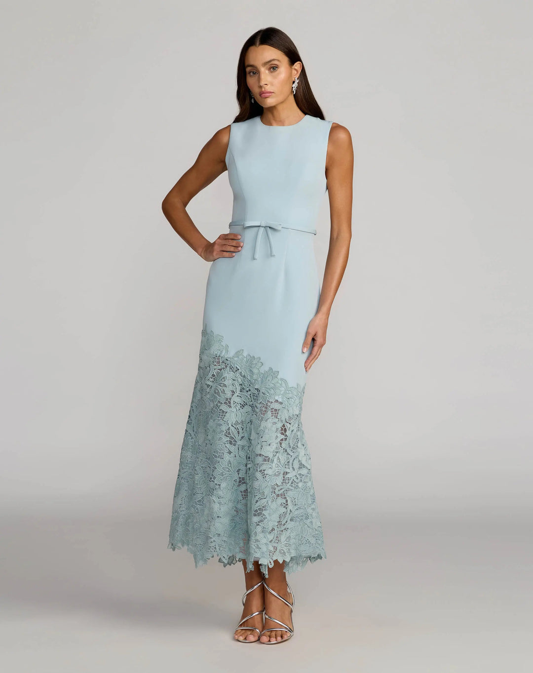 Blue Embroidered Hem Sleeveless Midi Dress with Bow - FOSTANI.com