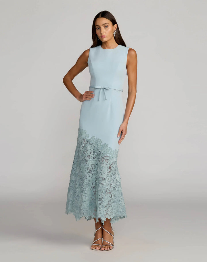Blue Embroidered Hem Sleeveless Midi Dress with Bow - FOSTANI.com