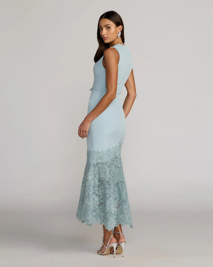 Blue Embroidered Hem Sleeveless Midi Dress with Bow - FOSTANI.com