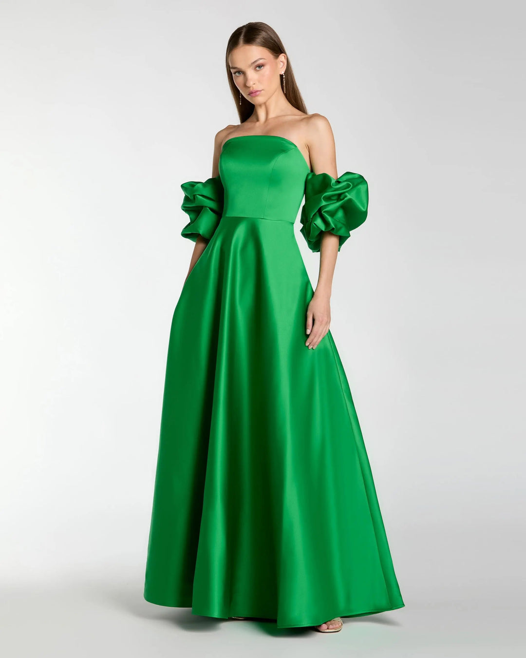 Green Satin Off The Shoulder Puff Sleeve Ball Gown - FOSTANI.com