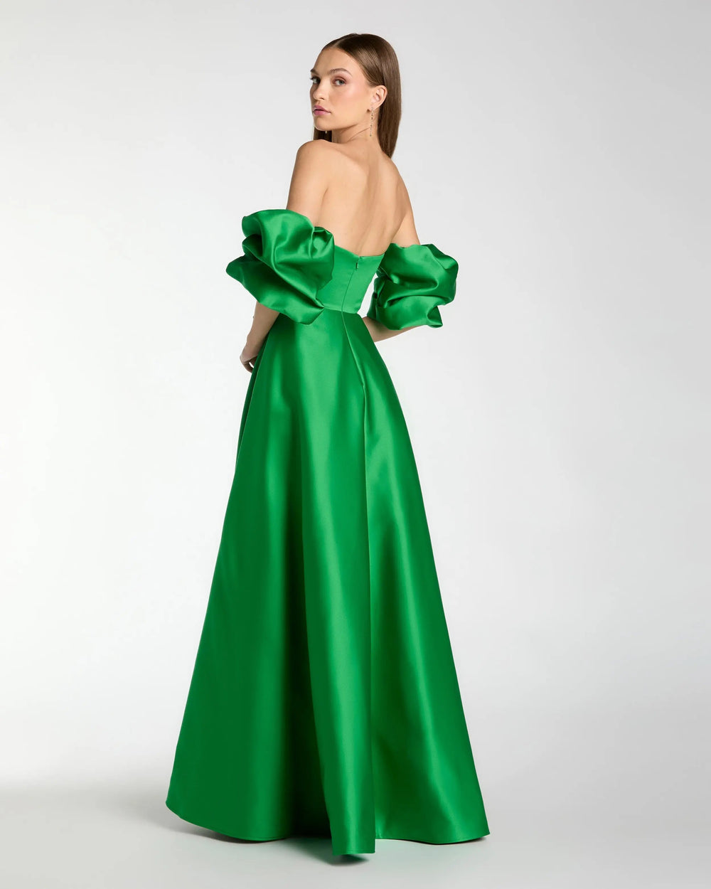 Green Satin Off The Shoulder Puff Sleeve Ball Gown - FOSTANI.com