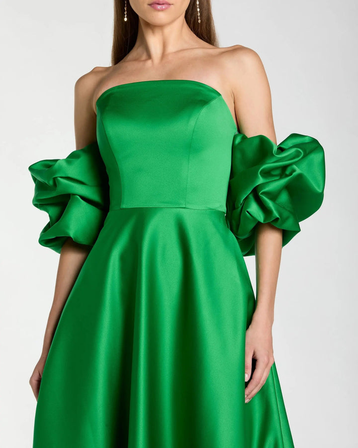 Green Satin Off The Shoulder Puff Sleeve Ball Gown - FOSTANI.com