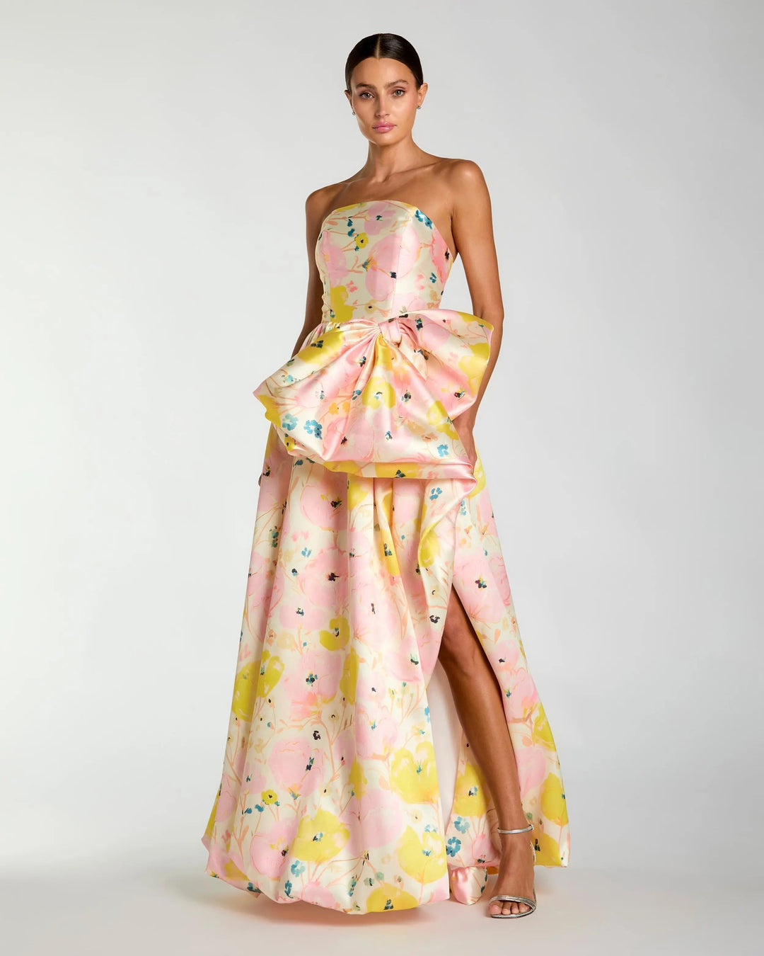 Pink Floral Strapless Bow High Slit Ball Gown - FOSTANI.com