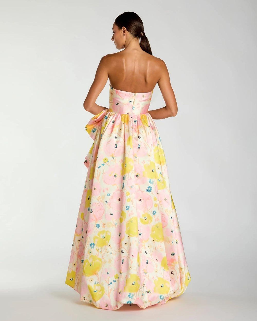 Pink Floral Strapless Bow High Slit Ball Gown - FOSTANI.com