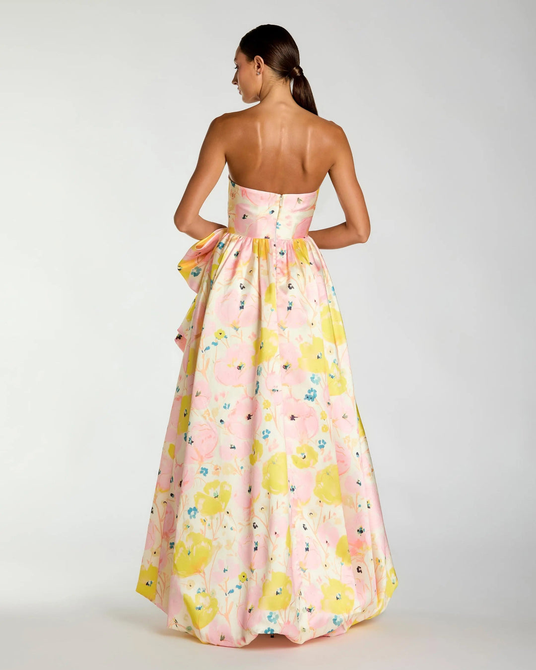 Pink Floral Strapless Bow High Slit Ball Gown - FOSTANI.com