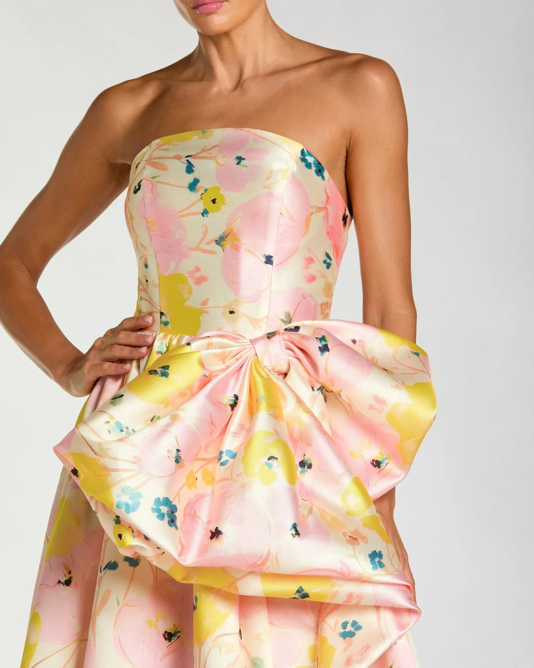 Pink Floral Strapless Bow High Slit Ball Gown - FOSTANI.com