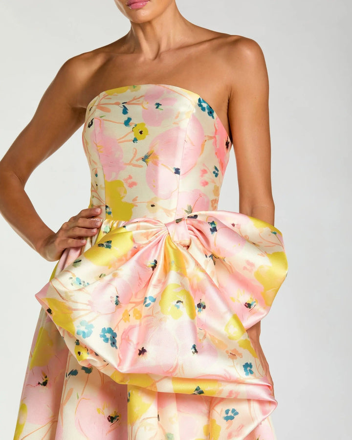 Pink Floral Strapless Bow High Slit Ball Gown - FOSTANI.com