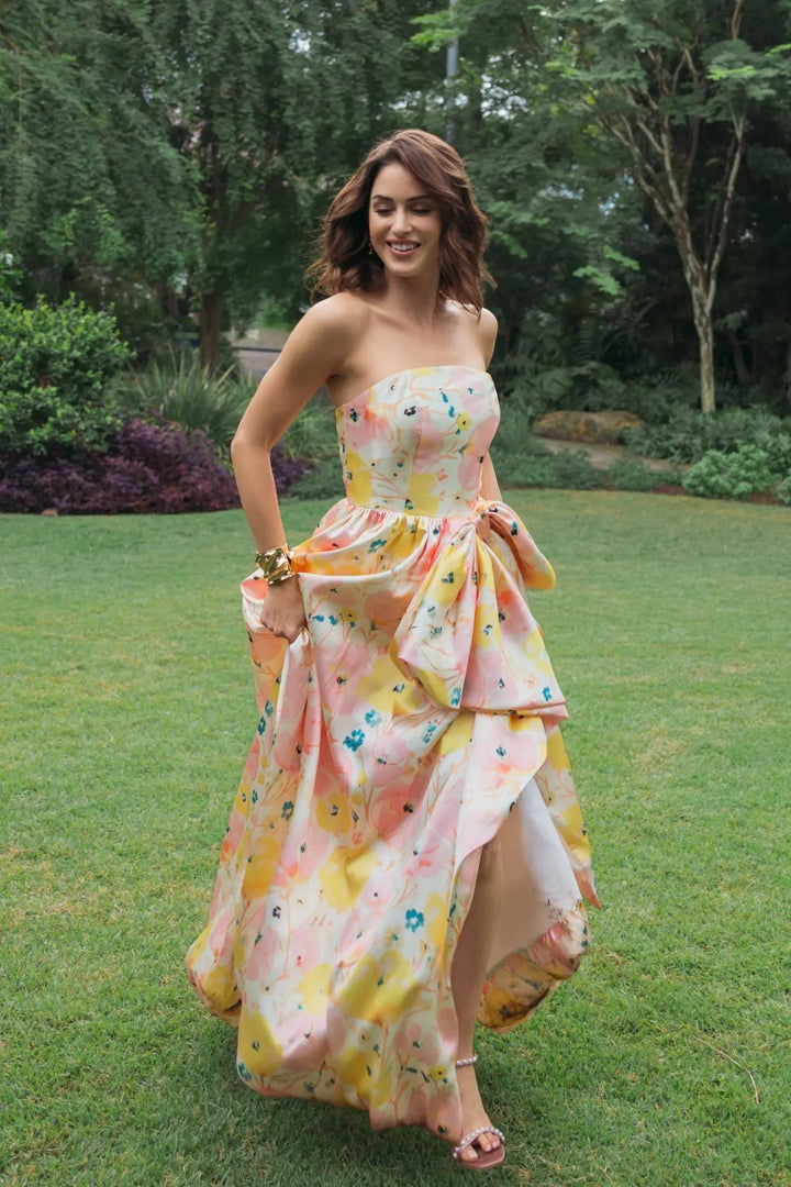 Pink Floral Strapless Bow High Slit Ball Gown - FOSTANI.com