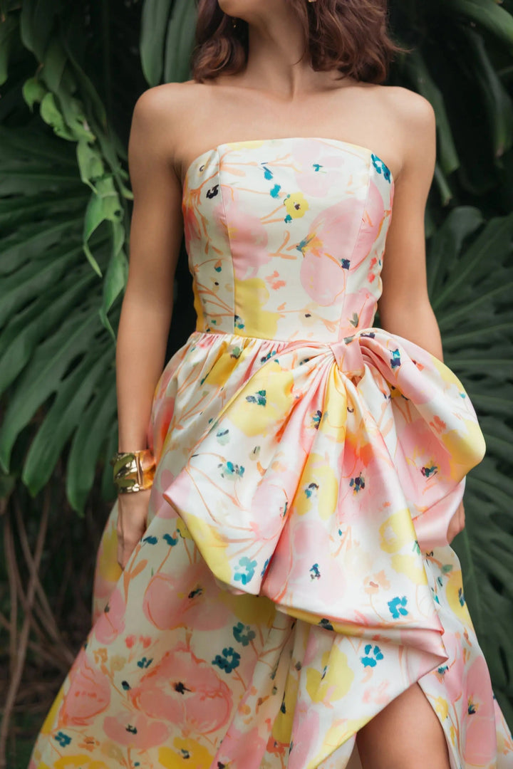 Pink Floral Strapless Bow High Slit Ball Gown - FOSTANI.com