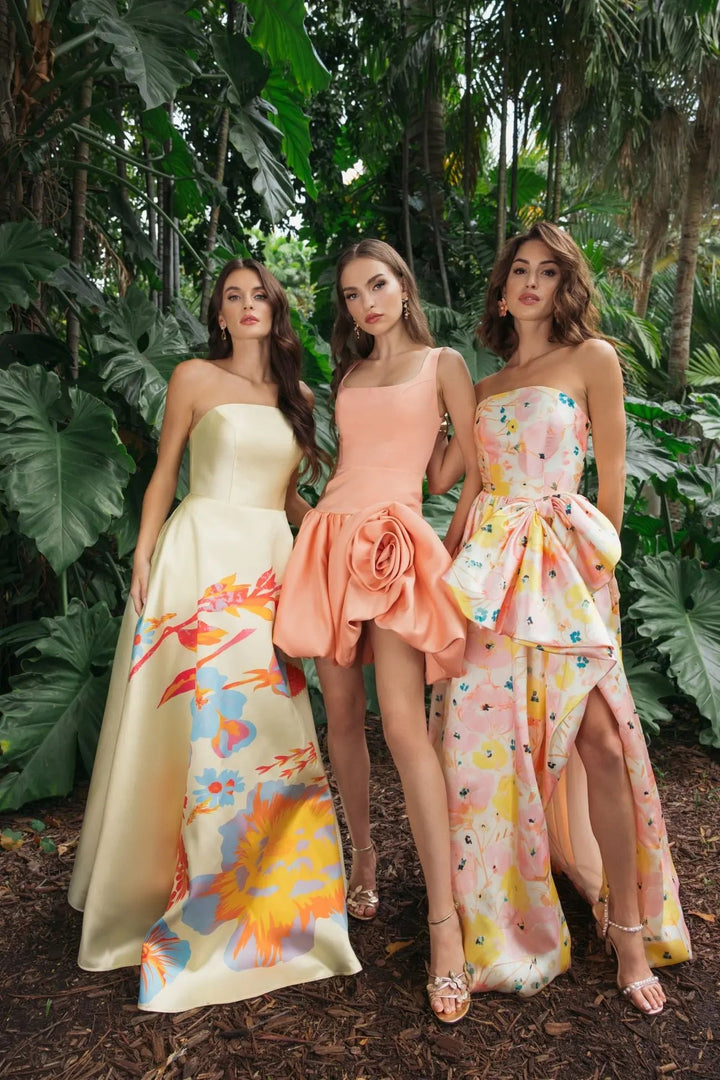 Pink Floral Strapless Bow High Slit Ball Gown - FOSTANI.com