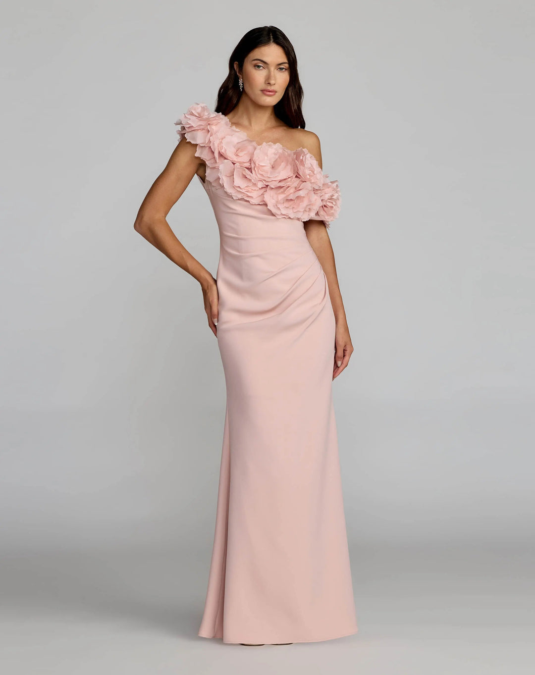 Pink One Shoulder Crepe Gown With 3D Flowers - FOSTANI.com