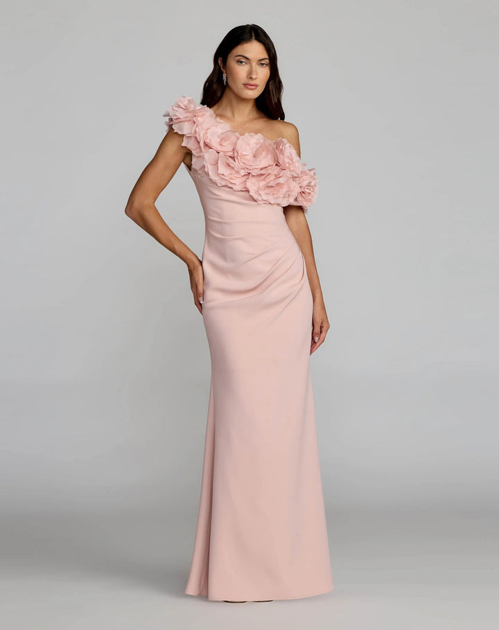 Pink One Shoulder Crepe Gown With 3D Flowers - FOSTANI.com